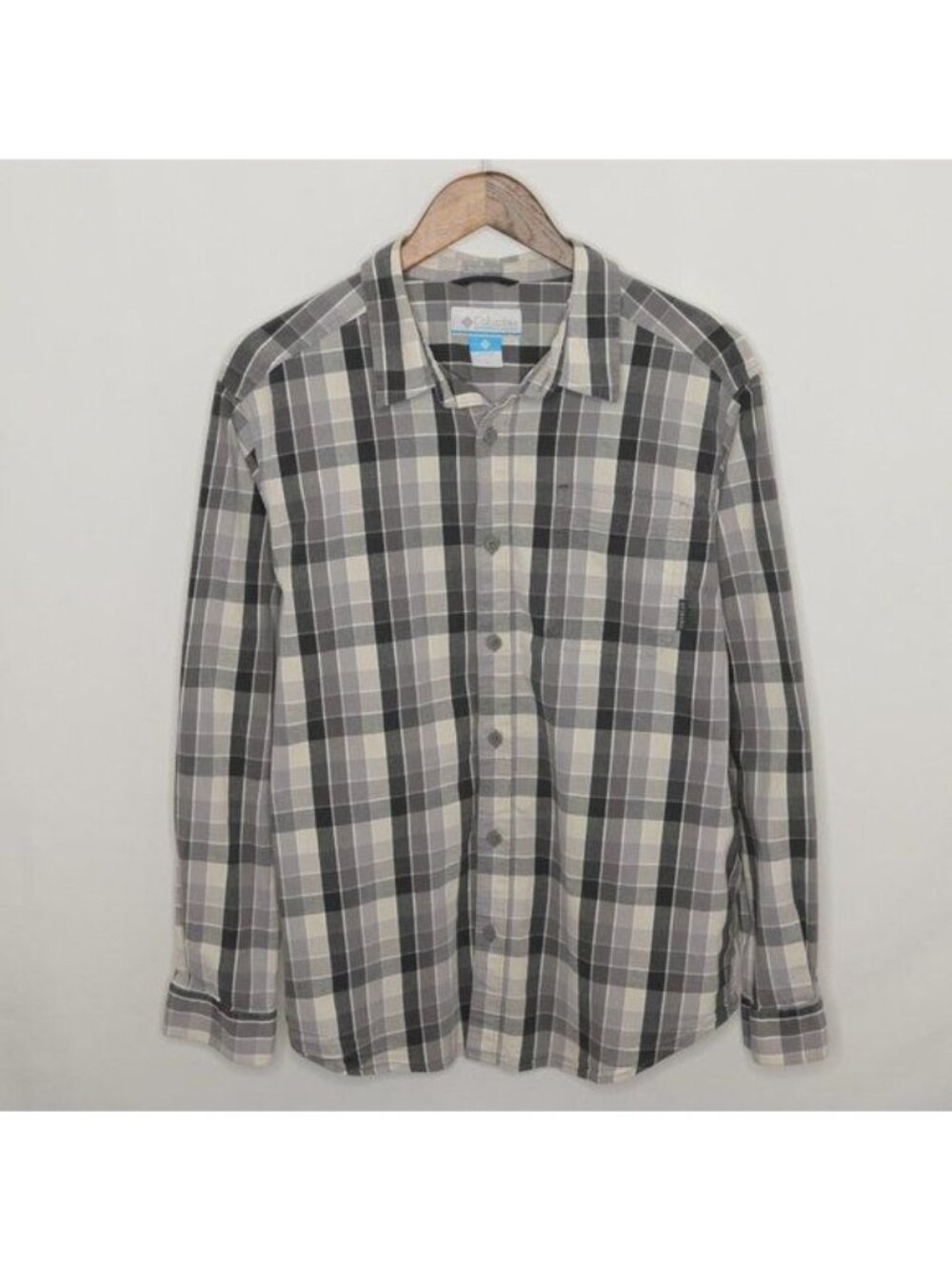 Columbia Regular Fit Men's Large Gray White Plaid Long Sleeve Button Up Shirt